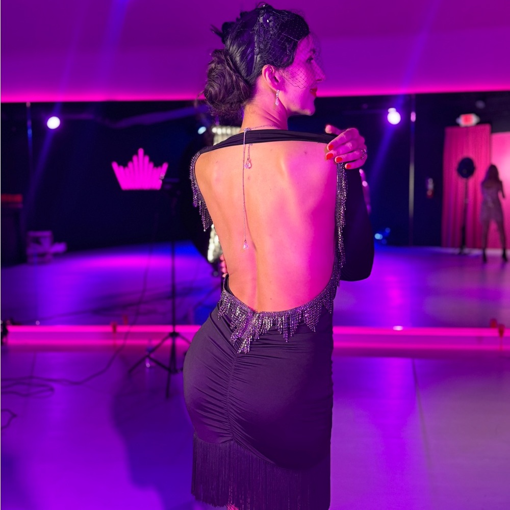 Valiant Paris Black Crystal Fringe Open back Tango / Latin Dance Dress